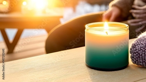 Fototapeta Candlelight warmth A lit candle on the table creates a relaxing ambiance for a cozy, peaceful moment
