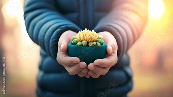 Fototapeta Child's hands offer a small, potted succulent with a yellow flower against a warm, blurred background