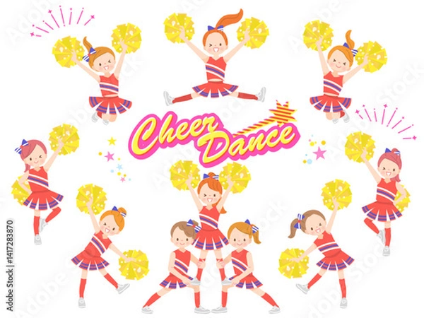 Fototapeta 笑顔でチアダンスをしているかわいい子供達のイラストセット