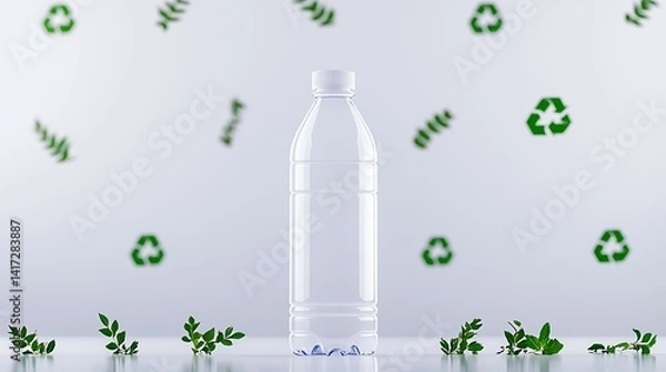 Fototapeta Clear bottle amidst leaves and recycling symbols, on a reflective surface, against a white background