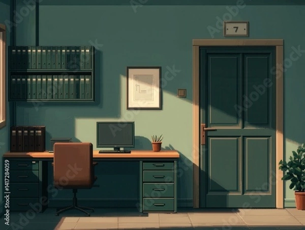 Fototapeta Cozy Office Interior with Desk, Computer, and Greenery