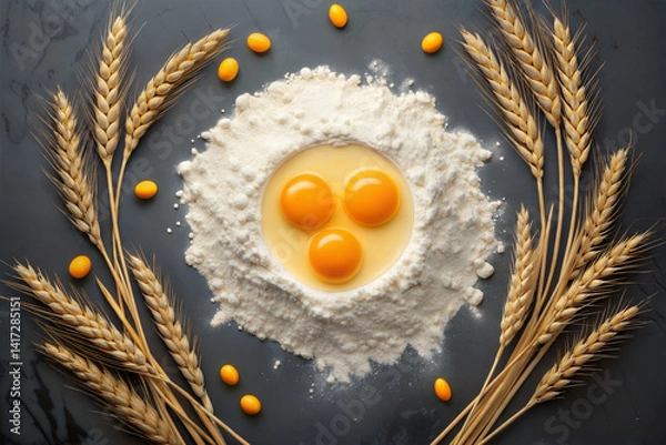 Fototapeta Baking Ingredients Flat Lay – Flour, Egg Yolks, and Wheat on Dark Marble Surface