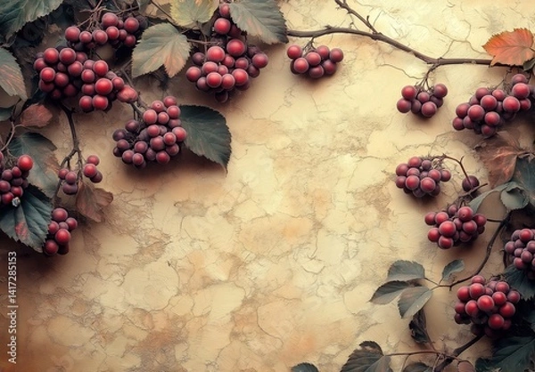 Obraz A branch with berries and leaves on a textured background.