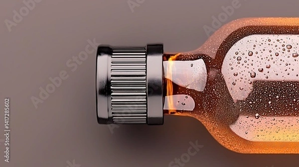 Fototapeta Close-up of a bottle with droplets, cap, & amber liquid on a warm background