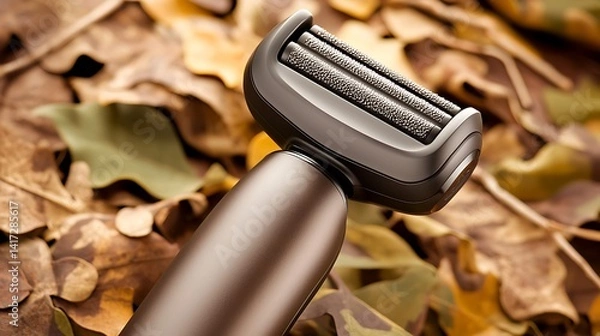Fototapeta Close-up of a shaver on fall leaves, showcasing sleek design and earthy tones, set against nature