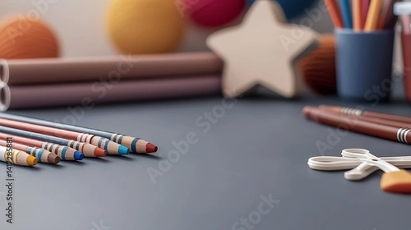 Fototapeta Close-up of art supplies, featuring pencils, scissors, and other crafting materials