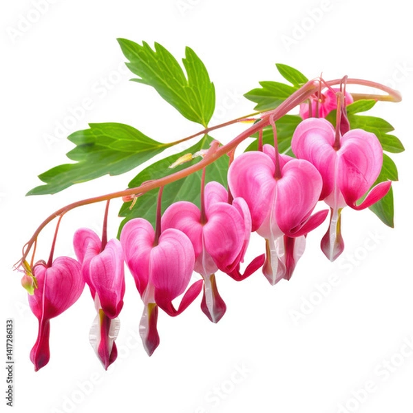Obraz beautiful arrangement of pink bleeding heart flowers with green leaves, showcasing their delicate and unique shape, perfect for floral designs and nature themes