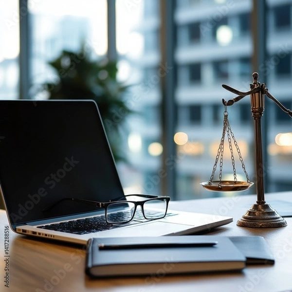 Fototapeta Laptop Computer, notebook, Law, legal services, advice, justice and law concept and eyeglasses sitting on a desk in a large open plan office space after working hours