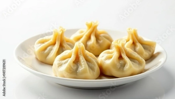 Fototapeta Steaming dumplings on a pristine white background, pork, dumplings