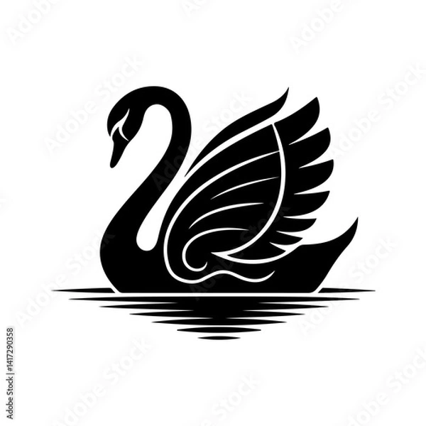 Fototapeta Elegant Black Swan Silhouette: A sleek black swan silhouette with wings spread gracefully against a white background, capturing a moment of serenity and grace.