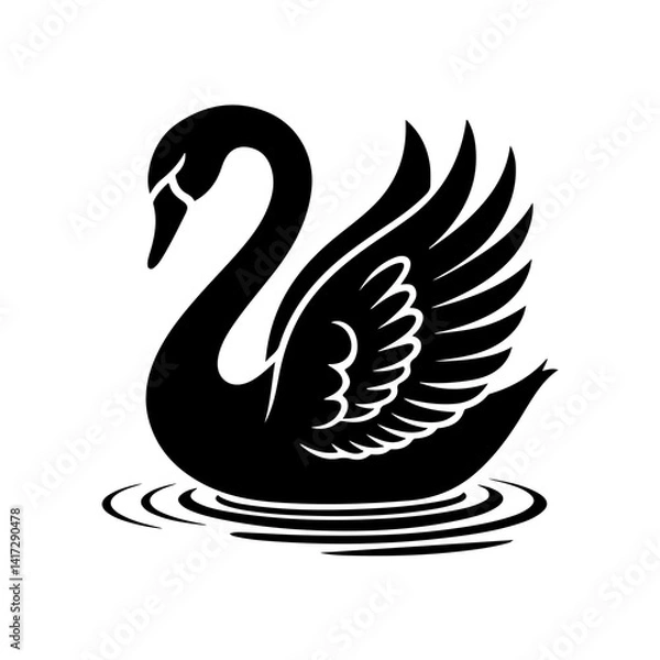 Fototapeta Elegant Black Swan Silhouette: A sleek black swan silhouette with wings spread gracefully against a white background, capturing a moment of serenity and grace.