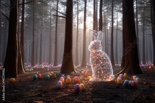 Fototapeta Enchanted Forest Scene with Glowing Bunny Silhouette Surrounded by Colorful Eggs