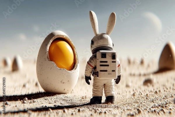 Fototapeta Hazy Stardust Scene with Shimmering Astronaut and Floating Yellow Egg in a Dreamlike Landscape
