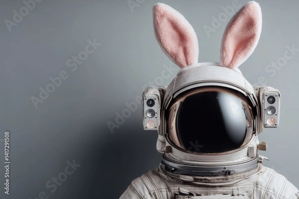 Fototapeta Astronaut with Bunny Ears Visor Reflection Neon Colors Floating in Space Easter Theme
