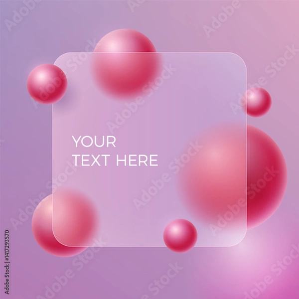 Obraz Abstract design featuring pink 3D spheres and a transparent square for text. A minimalist futuristic template for banners, ads, and backgrounds. 