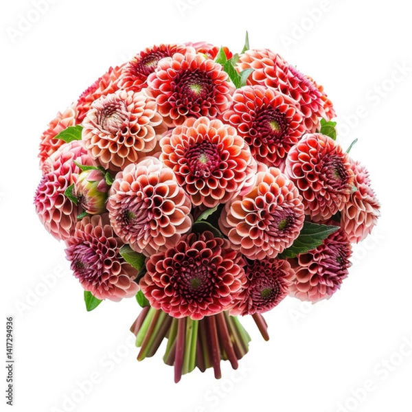 Obraz vibrant bouquet of dahlia flowers in shades of coral and pink, showcasing intricate petal patterns and lush green leaves, evokes sense of beauty and freshness