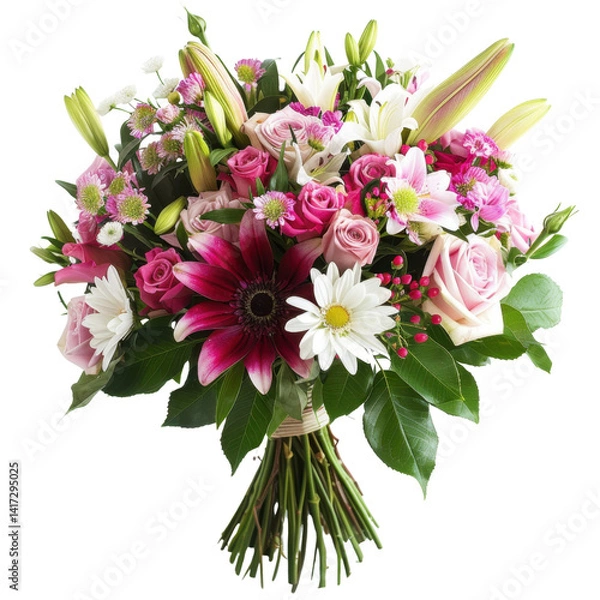 Obraz vibrant bouquet of mixed flowers featuring pink roses, white lilies, daisies, and various greenery, perfect for expressing love and joy. This arrangement brings cheerful and fresh atmosphere to