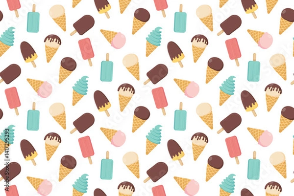 Obraz Cute seamless pattern with ice cream. Eskimo and ice cream cone. Design for fabric, wrapping paper, cards, posters. Vector illustration