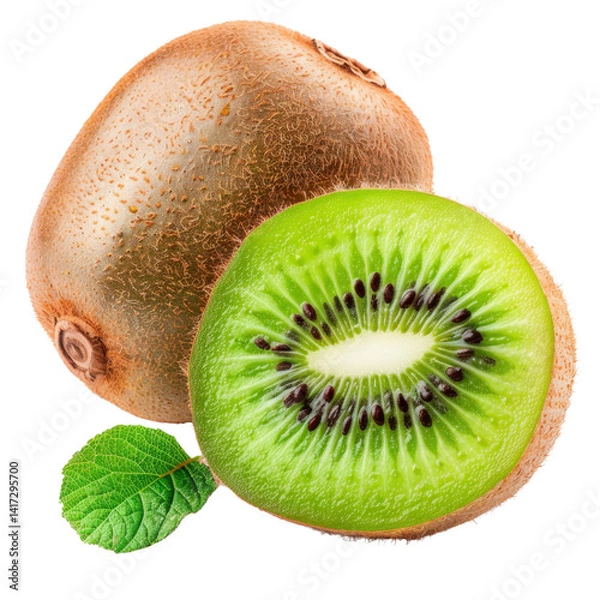 Obraz Fresh kiwi fruit, vibrant green flesh, and brown fuzzy skin, showcasing its unique texture and color. Perfect for healthy snacks or smoothies, this fruit is both nutritious and delicious