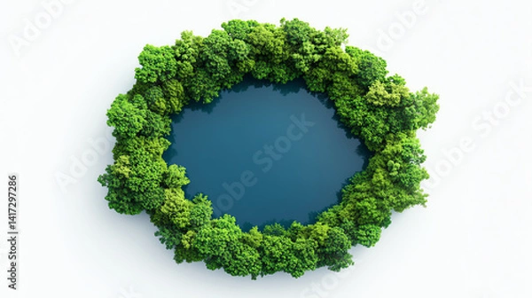 Fototapeta A tranquil aerial view of a circular pond surrounded by lush green trees, creating a serene natural oasis perfect for promoting environmental sustainability and nature appreciation