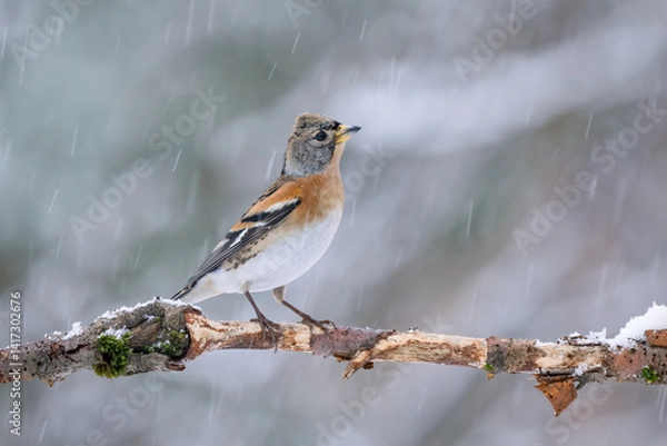 Obraz Close-up of a Brambling (Fringilla montifringilla) sitting on a branch in snowy winter conditions. The background is blurred, emphasizing the details of bird. Natural light, winter photo. 