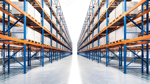 Fototapeta Modern High Rack Warehouse in Factory Setting Isolated on White Background