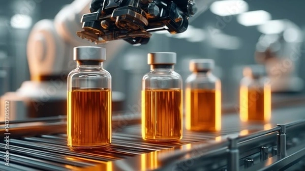 Obraz Robotic arm carefully manages the production of medical bottles on an automated assembly line, in the factory.