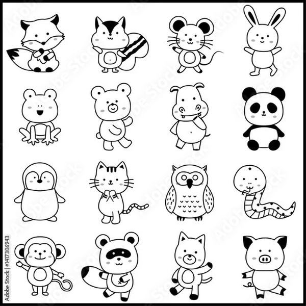 Fototapeta 楽しいポーズの動物キャラクターセット（体付きイラスト）　白黒