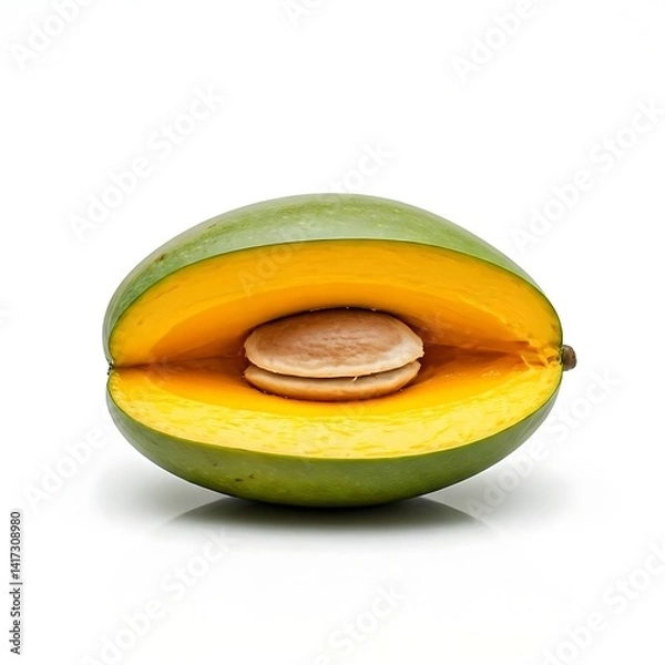 Fototapeta Raw mango with pit exposed white background.