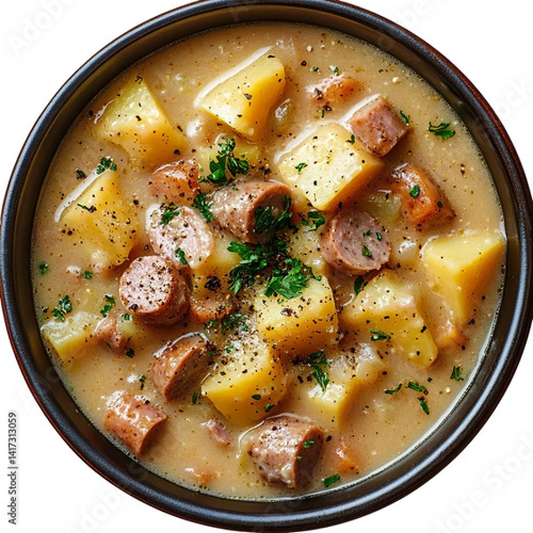 Fototapeta Top view of a delicious looking Kartoffelsuppe mit Wurst on a dark bowl isolated on a white transparent background.