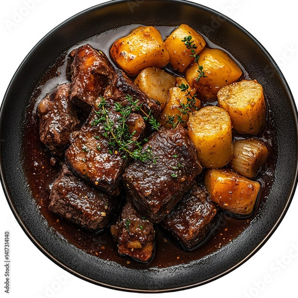 Fototapeta Top view of a delicious looking Sauerbraten mit Knödeln on a dark plate isolated on a white transparent background.
