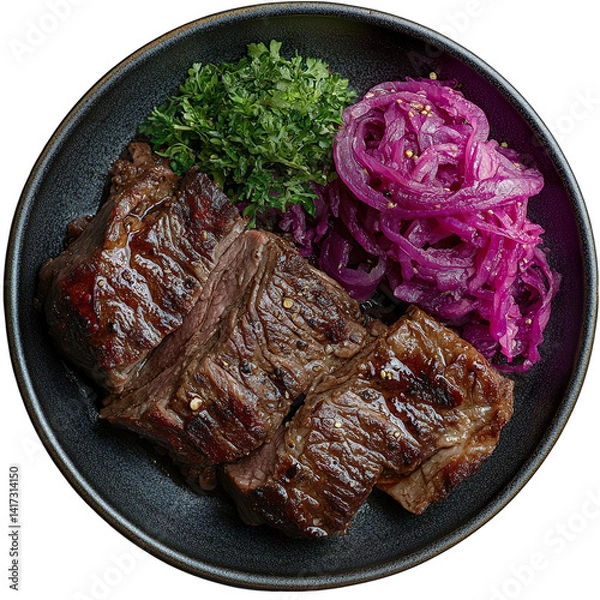 Fototapeta Top view of a delicious looking Sauerbraten mit Rotkohl on a dark plate isolated on a white transparent background.