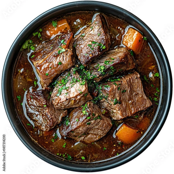 Fototapeta Top view of a delicious looking Sauerbraten on a dark bowl isolated on a white transparent background.