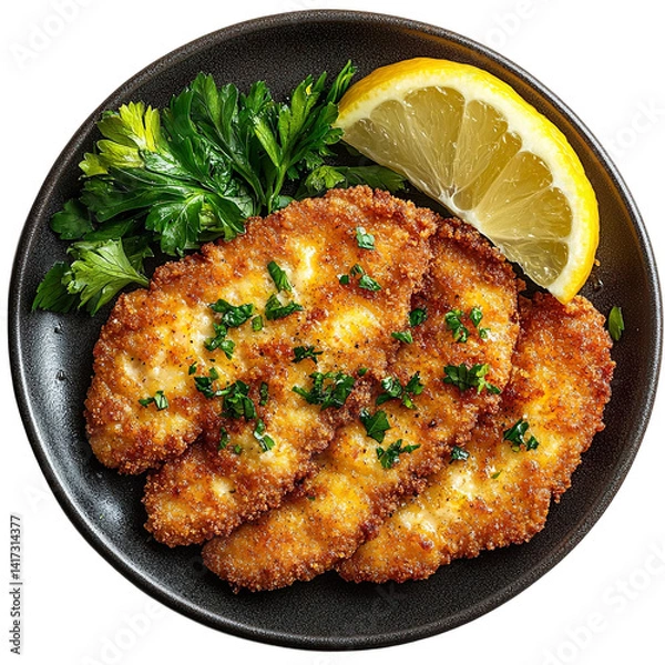 Fototapeta Top view of a delicious looking Schnitzel Holstein on a dark plate isolated on a white transparent background.
