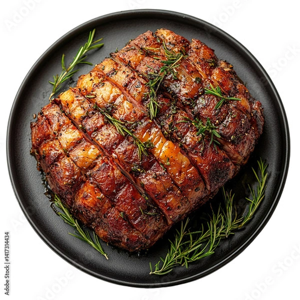 Fototapeta Top view of a delicious looking Schwäbischer Rostbraten on a dark plate isolated on a white transparent background
