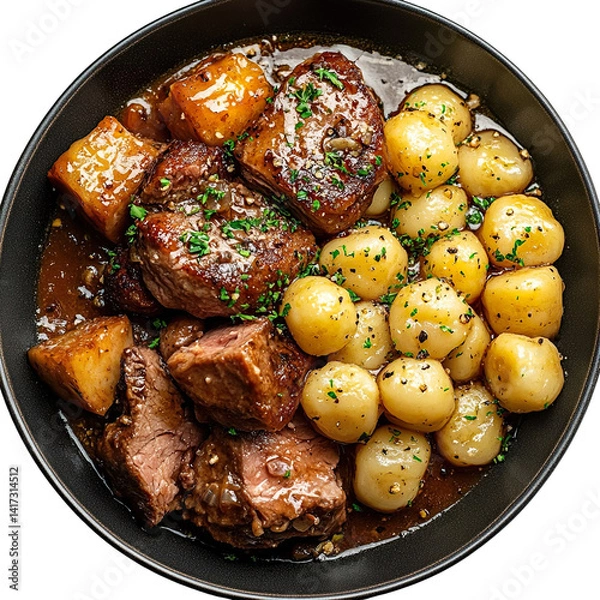 Fototapeta Top view of a delicious looking Schweinebraten mit Knödeln on a dark plate isolated on a white transparent background
