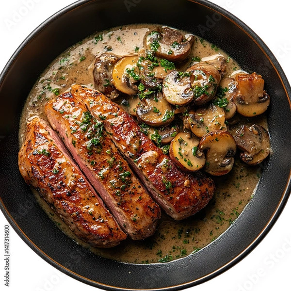 Fototapeta Top view of a delicious looking Schweinefilet mit Champignonrahmsauce on a dark plate isolated on a white transparent background