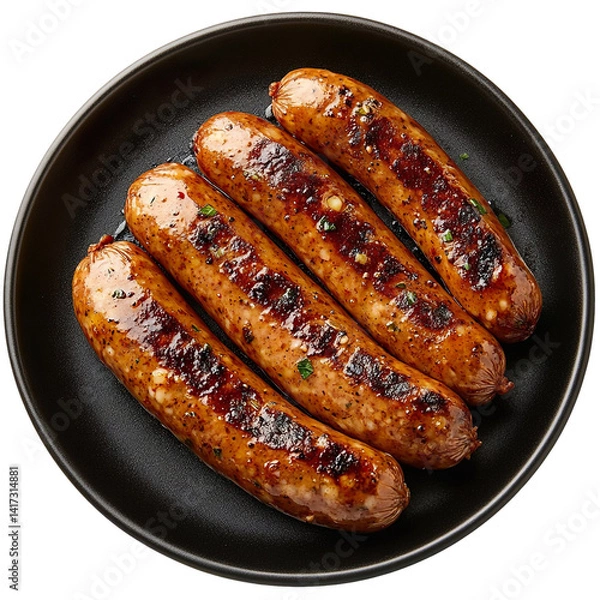 Fototapeta Top view of a delicious looking Wiener Würstchen mit Senf on a dark plate isolated on a white transparent background
