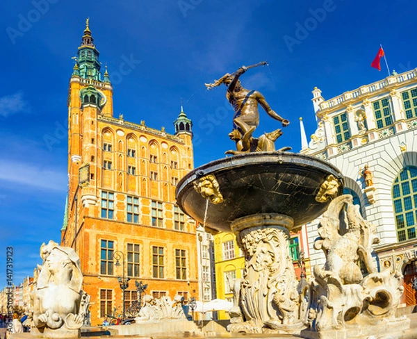 Obraz Neptune Fountain in Gdansk showcases ornate sculptures and historic architecture. This landmark combines art and history in a vibrant cityscape.