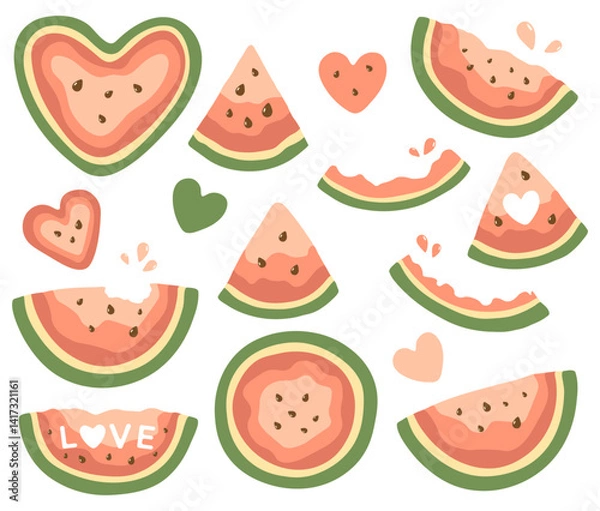 Fototapeta Set of watermelon illustrations in flat style. Vector bright and juicy fruits, slices, seeds, hearts. Summer hand-drawn collection isolated on white background.