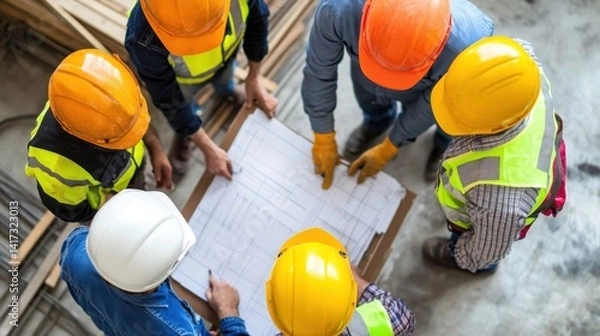 Obraz Overhead view of construction workers engineers at construction site