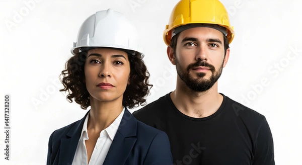 Fototapeta Woman engineer architect with male manual workers in hardhat colleague looks on camera, isolated on transparent background. Team construction industry professional at work building project