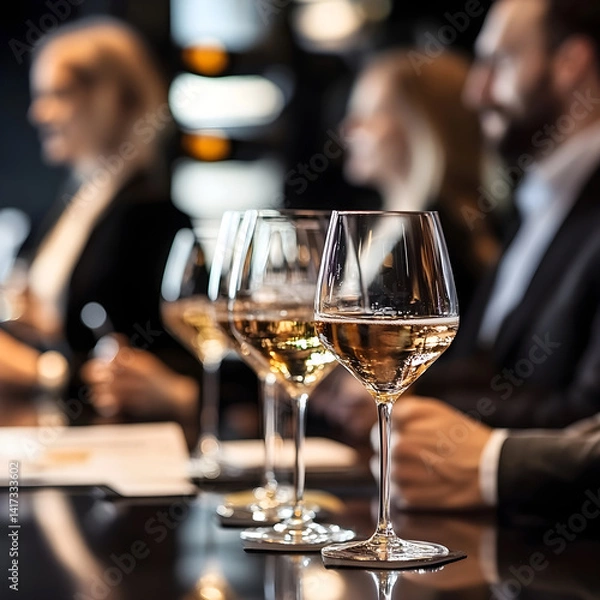 Fototapeta Wine tasting, sommeliers enjoying sparkling wine in elegant glasses