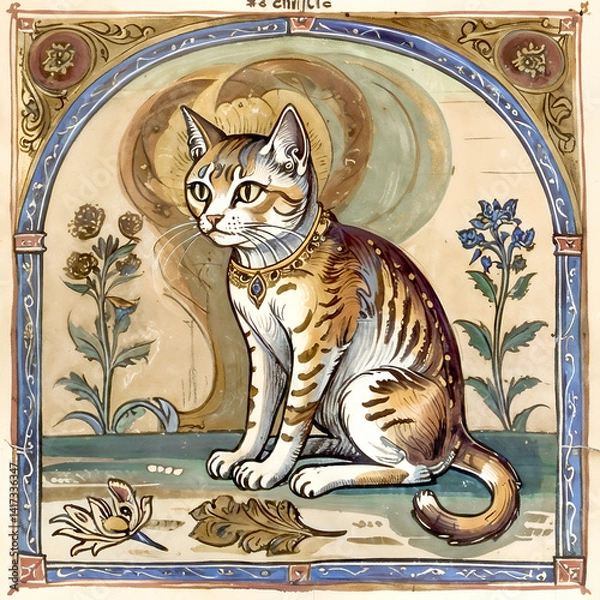 Obraz Medieval Feline Charm – A medieval-inspired cat illustration with elegant, ornate details.