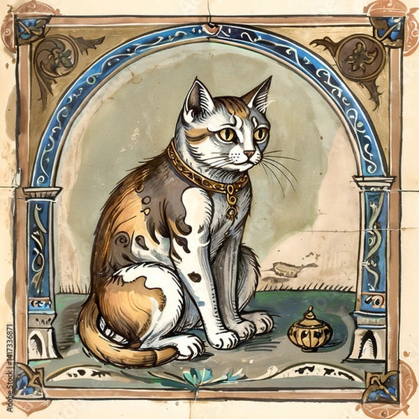 Obraz Medieval Feline Charm – A medieval-inspired cat illustration with elegant, ornate details.