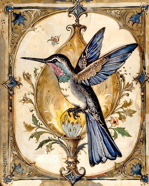 Obraz Medieval Hummingbird Elegance – A medieval-inspired hummingbird illustration featuring ornate details and timeless charm.
