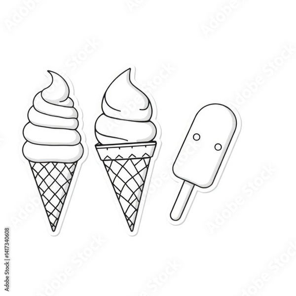 Fototapeta stickers Ice cream cones and popsicle in outline style  