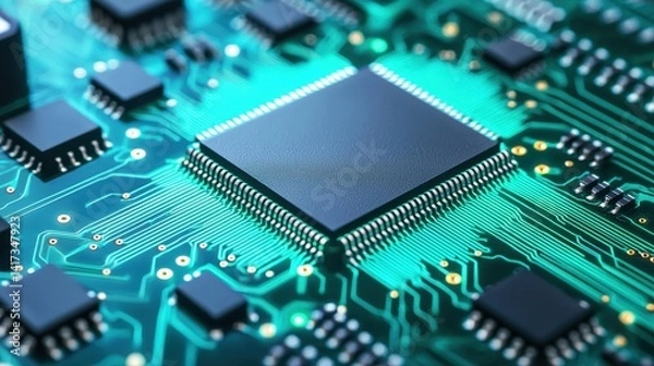 Fototapeta Close-up View of a Microchip with Circuitry on a Green Background