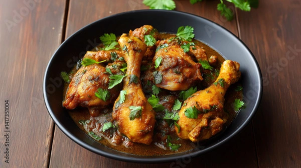 Fototapeta Spicy Indian chicken curry with drumsticks, rich brown gravy, garnished with fresh coriander leaves