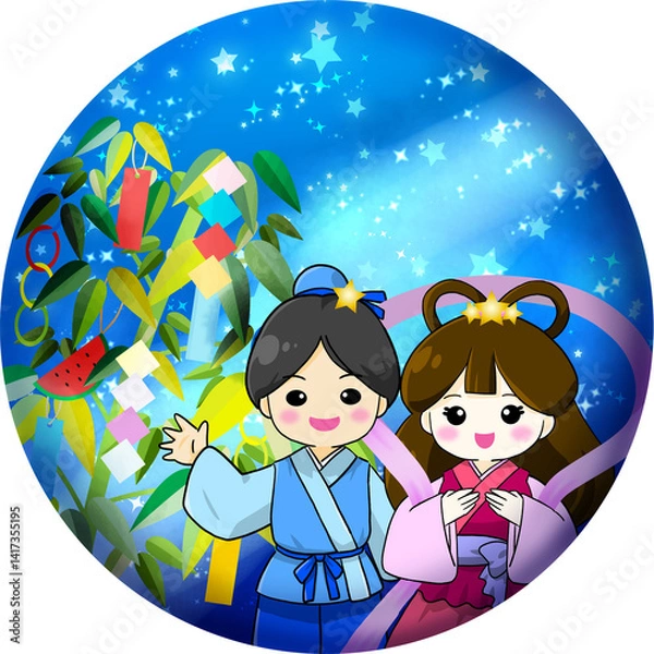 Obraz 手描きのかわいい七夕祭りのアイコンイラスト